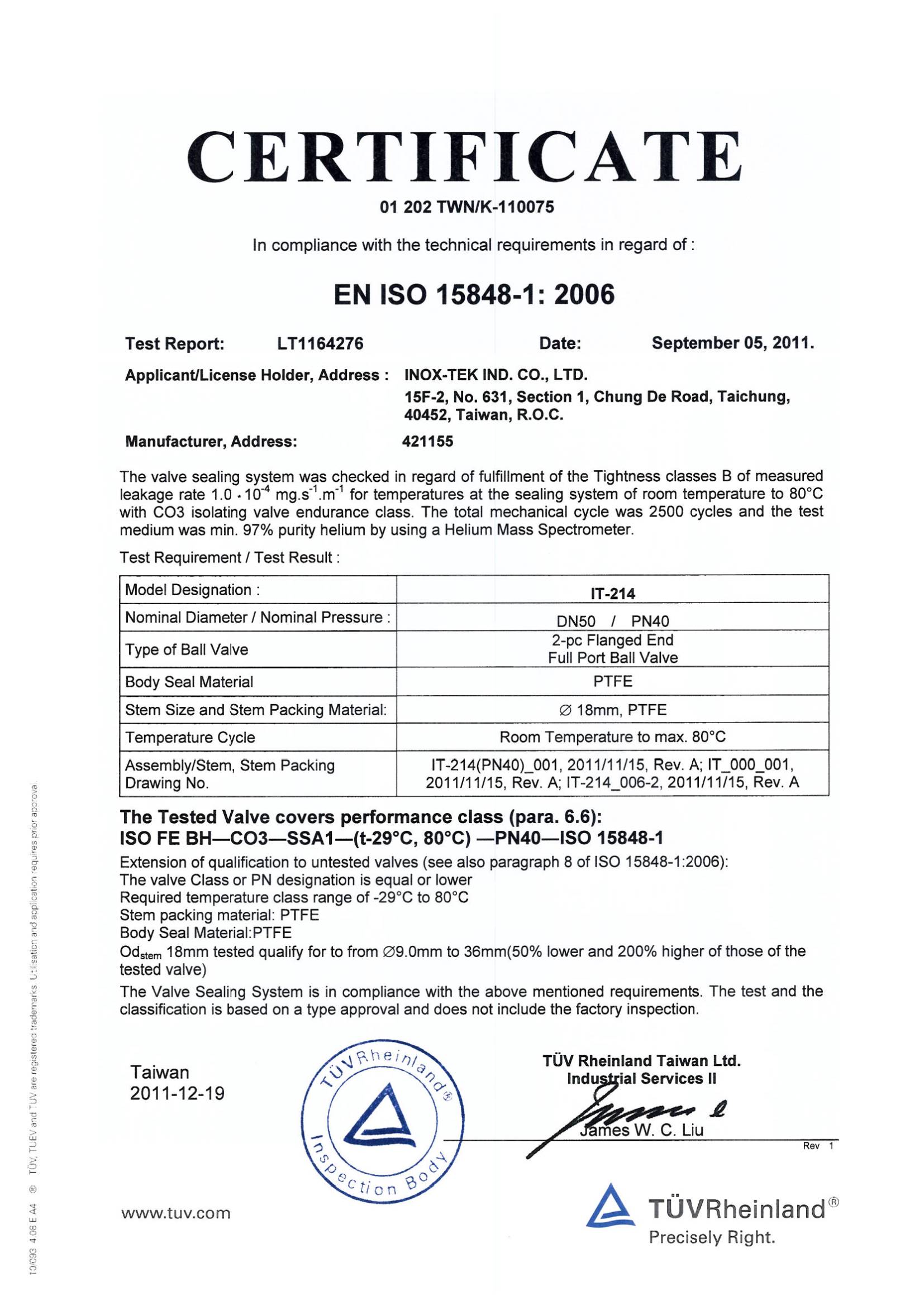 INOX-TEK_ISO 15848-1_IT-214 (2pc Flanged Ball Valve PN40)